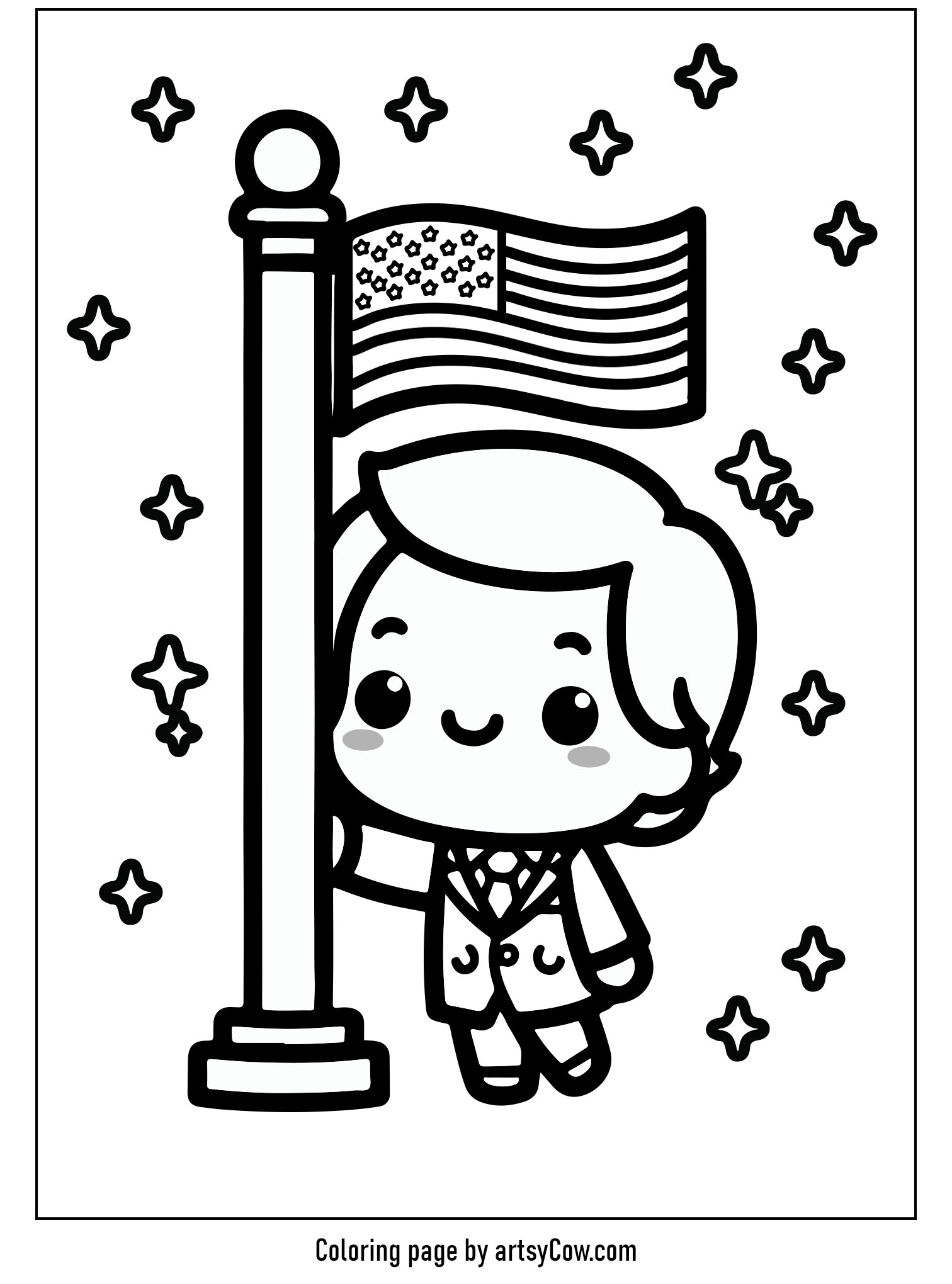 Presidents Day Coloring Pages with a smiling character in a suit holding a flagpole with a waving American flag.
